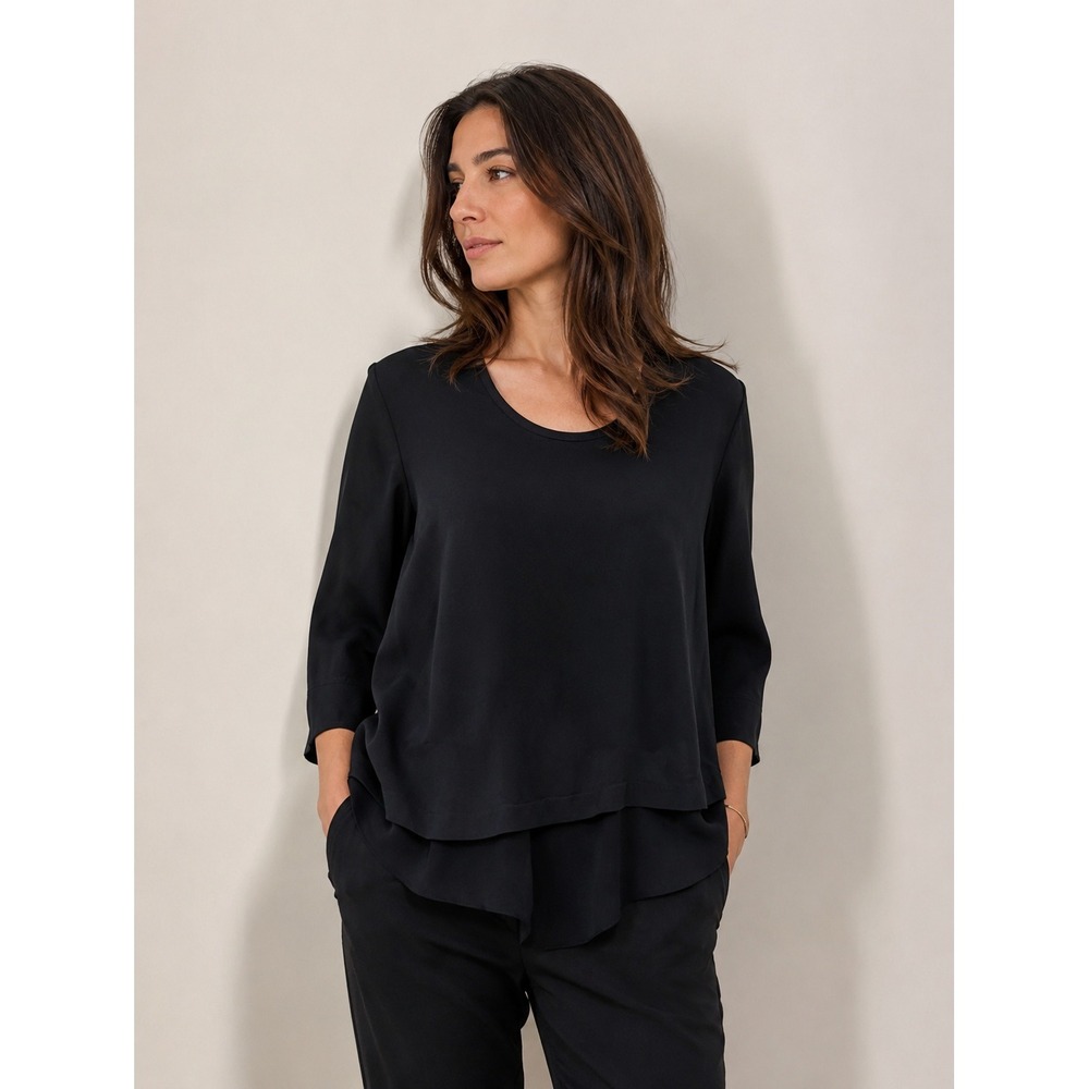 Porto Women's Layered‎ Asymmetric Hem Top 3/4 Sleeve Black Lagenlook- Size XS